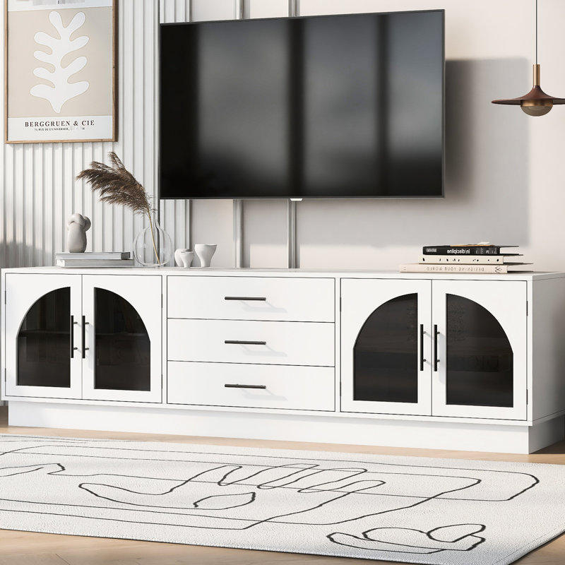 Modern Minimalist Tv Stand For 70 - 79 Inch Tvs, 68.9'' Center With Arched Glass Doors, Three Drawers, And A Tabletop Contemporary Tvs Up To 75 Inches, Spacious Tabletop, Adjustable Shelves, Sleek