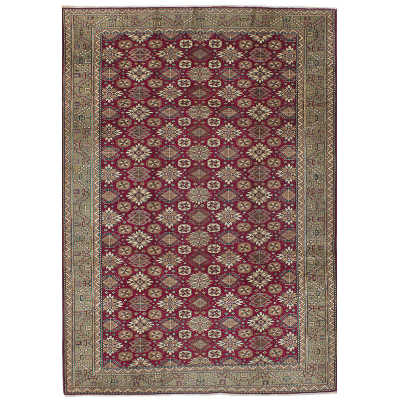 Tapis rouge foncé en laine noué à la main de conception unique 6 pi 7 po x 9 pi 7 po Joan