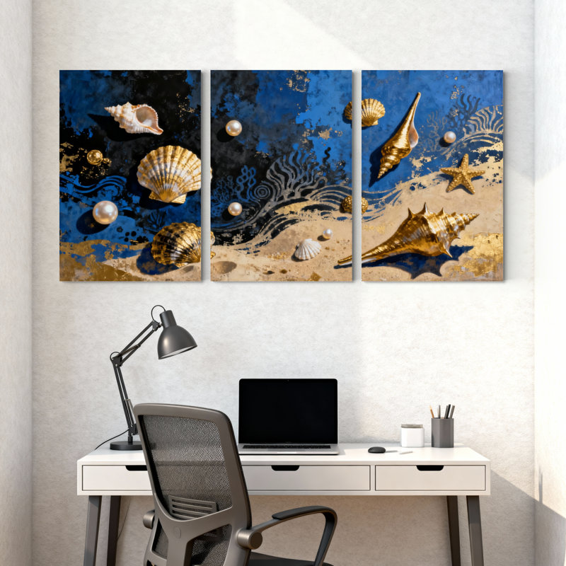 Ensemble de 3 impressions sur toile bleues et dorées, H 18 po x l 36 po