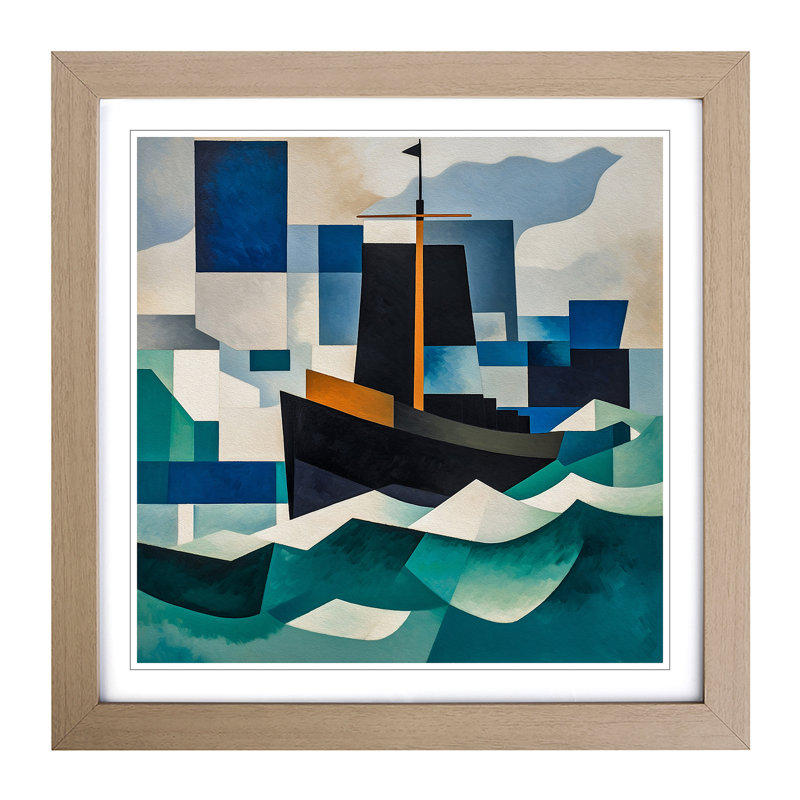 Ship On The Ocean Suprematism No.3 - Single Picture Frame Print on Wood, Oak