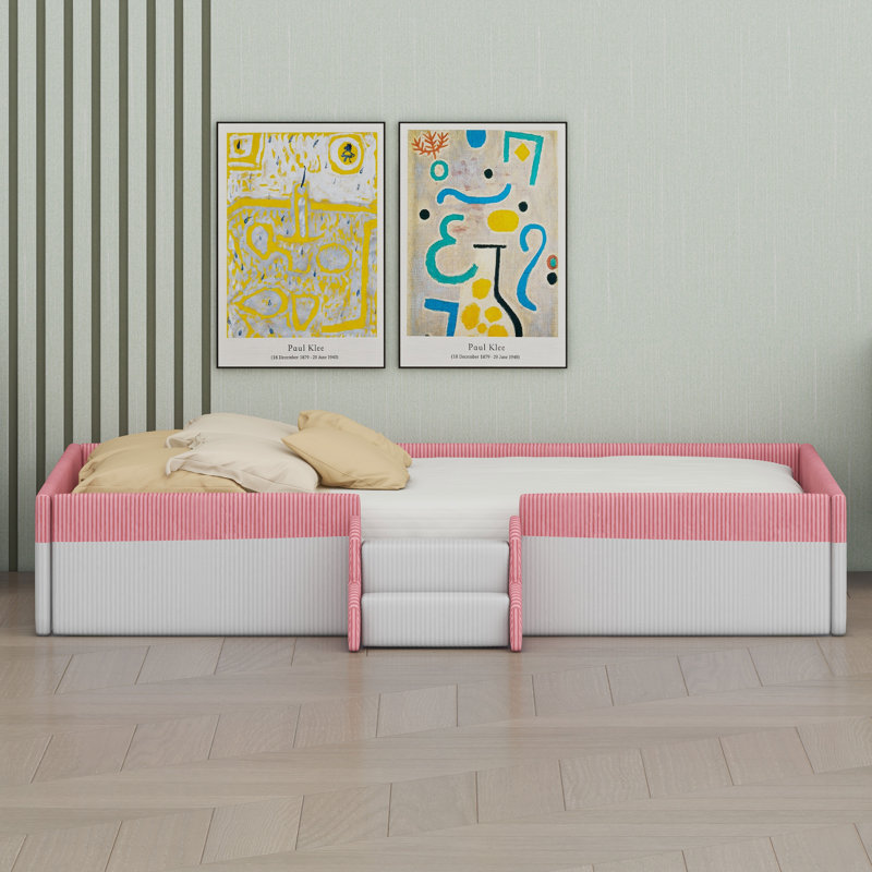 Lit rembourré avec clôture de sécurité, marches à deux niveaux et éclairage DEL intelligent, Pink+White