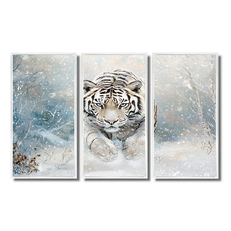 Tigre du Bengale blanc en hiver I - ensemble d'art mural tigre, H 32 po x l 48 po, Reproduction avec cadre flottant, Blanc