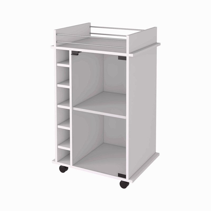 Chariot-bar, armoire à deux niveaux avec porte en verre, six casiers pour boissons alcoolisées, Blanc