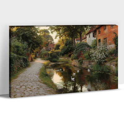 Large Serene Village Scene Nature Pictures - Landscape Canvas Wall Art for Living Room, Tranquil Scenery Wall Decor, Wrapped Canvas Print with Pine Frame, 28×40 inches