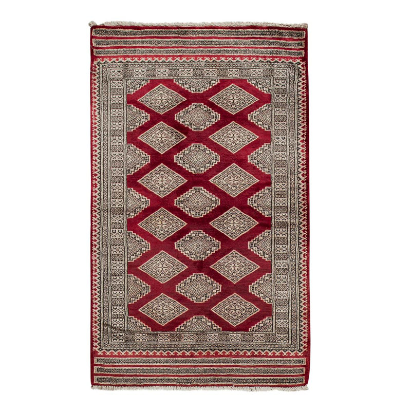 Tapis rouge / gris en laine noué à la main de conception unique 4 pi x 6 pi 4 po