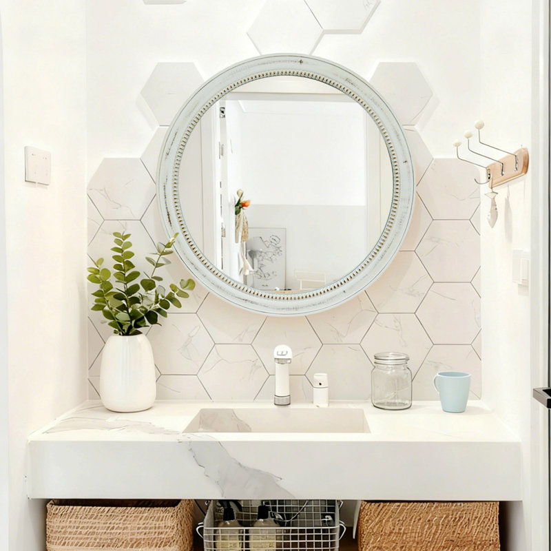 Miroir rond mural, Bois blanc délavé