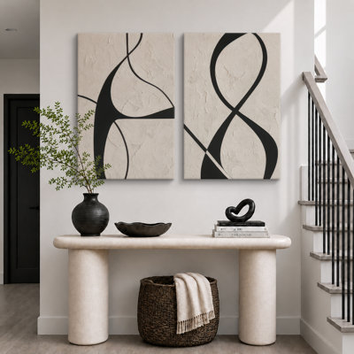 "NO TEXTURE PRINT" Black Line Abstract Curves on Beige Minimalist Design – Pictures Framed Canvas Print 2 Pieces Wall Art
