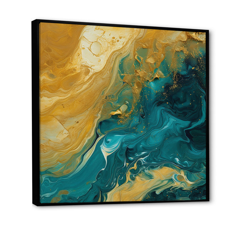 Golden Sunshine in Deep Blue Ocean Abstract - reproduction d'art sur toile, 24" H x 24" W, Cadre flottant noir