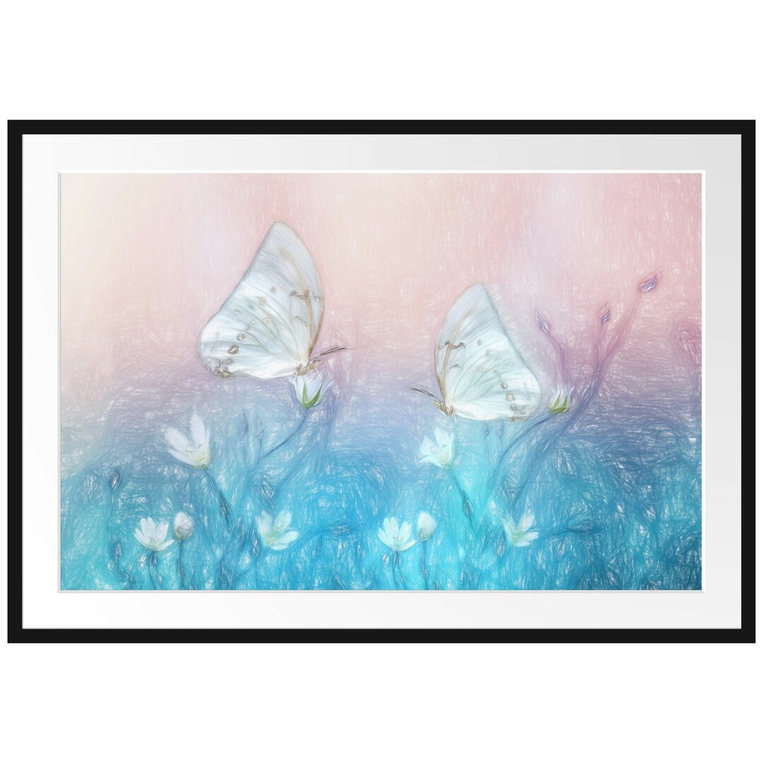 Gerahmtes Poster Schmetterling auf kleinen Blumen