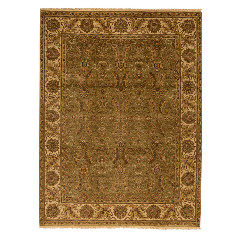 Tapis vert et ivoire noué à la main de haute qualité