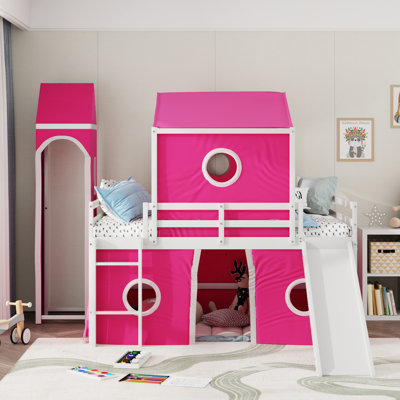 Lit mezzanine double avec glissoire, tente et tour pour enfants