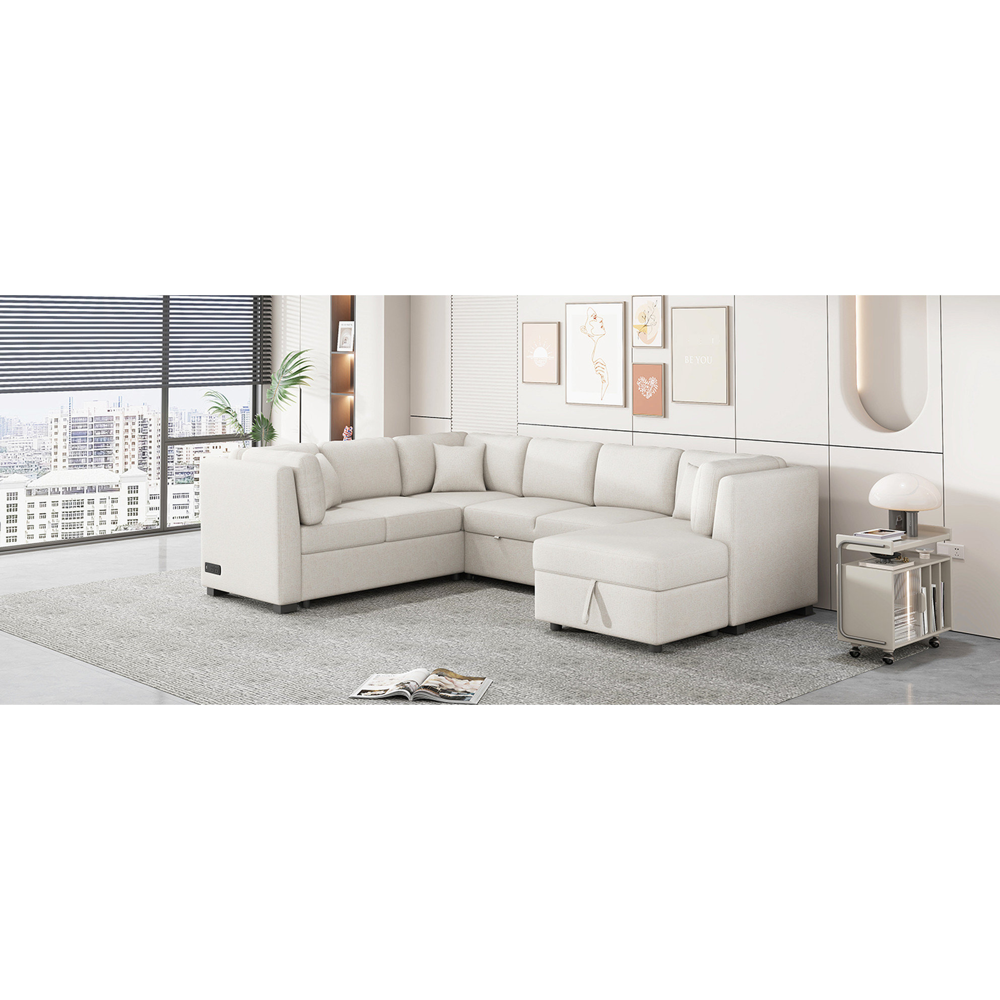 Latitude Run® U-Shaped Living Room With Pull-Out Bed & Storage, 2 Ports ...