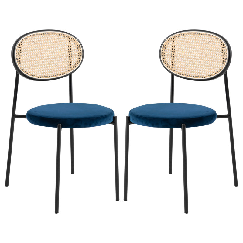 Chaise d'appoint moderne en velours avec dossier en rotin et pieds en métal noir pour la cuisine ou la salle à manger, Marine