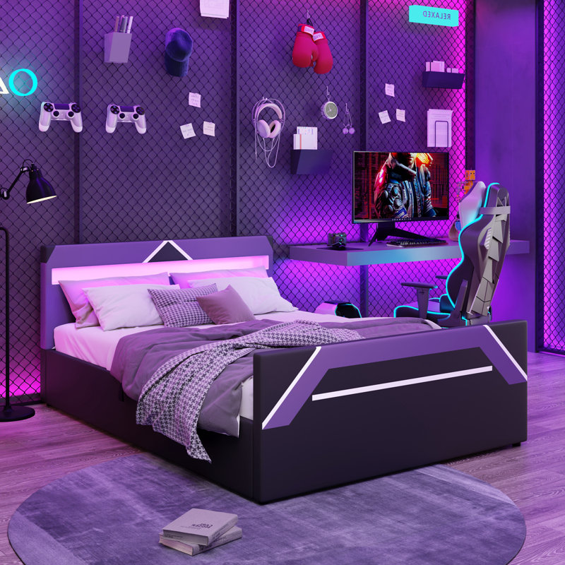 Tête de lit grand format avec éclairage DEL et tête de lit à rangement latéral, Mauve et noir