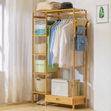 5-Tier Coat Rack, Open Closet Wardrobe with Hanging Rod and Drawer, Bamboo Clothing Organizer Stand