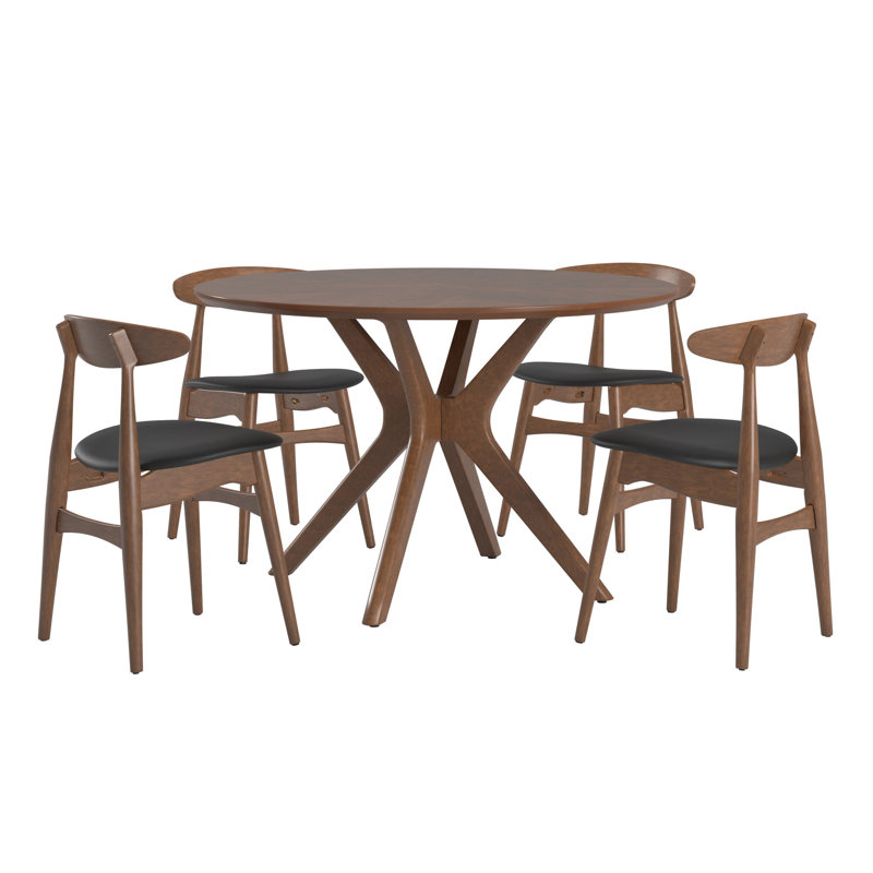 Fiorentino Mid-Century 48" Walnut Finish Round Dining Set with Faux Leather Chairs, 5 Pieces: Table, 4 Chairs