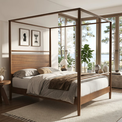 Solid Wood Queen Size Four Poster Canopy Bed Frame No Box Spring Needed