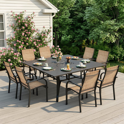 Ensemble de salle à manger 9 pièces pour terrasse - Comprend 8 chaises et une table carrée en métal avec trou pour parasol - 8 places pour la cour, la piscine, le balcon et le jardin, brun