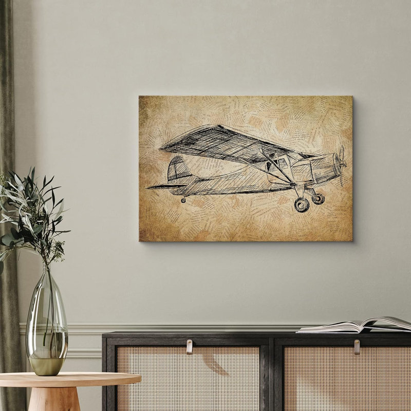Profil latéral rétro biplane sur fond brun Transport d'avions rétro sépia fantaisiste, H 12 po x l 18 po