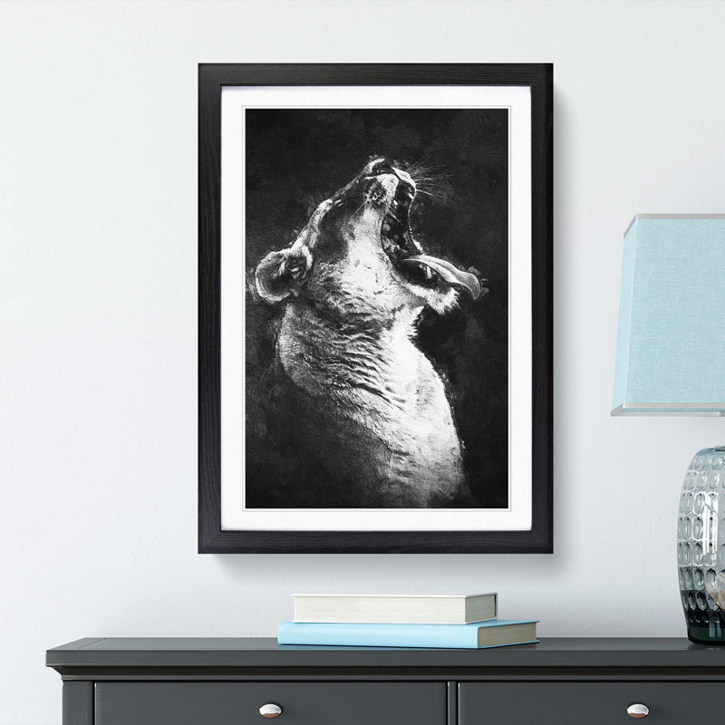 Yawning Lioness - Framed Print, 65cm H x 48cm W x 2cm D, Black Framed