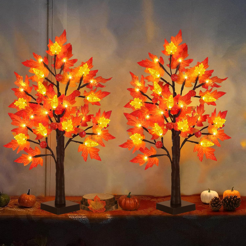 2 Pack 24 Inch Prelit Fall Maple Tree Thanksgiving Decorations With 48 LED Lights