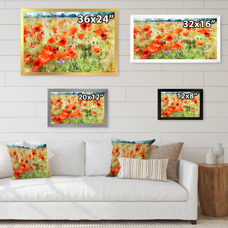 «Grunge Summer Red Poppy Field», reproduction sur toile flottante, Cadre photo noir, H 8 po x l 12 po x P 1 po