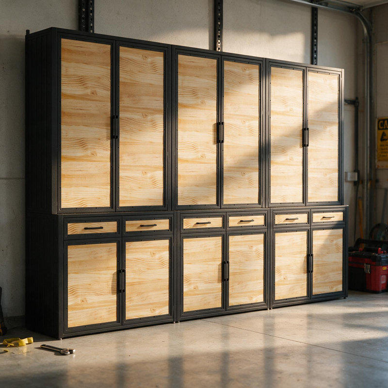Système de rangement pour garage en bois massif de 141,6 po de largeur avec armoires à double porte et tiroirs