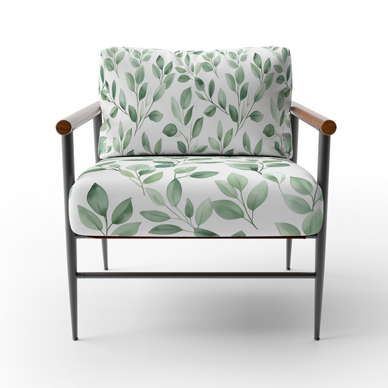 Chaise rembourrée moderne avec accoudoirs vert sauge, Bras ronds bruns