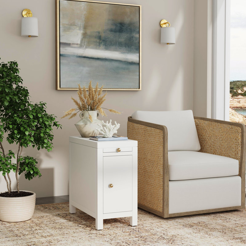  Nora Table de bout étroite à 1 porte avec plateau coulissant, blanc, Blanc