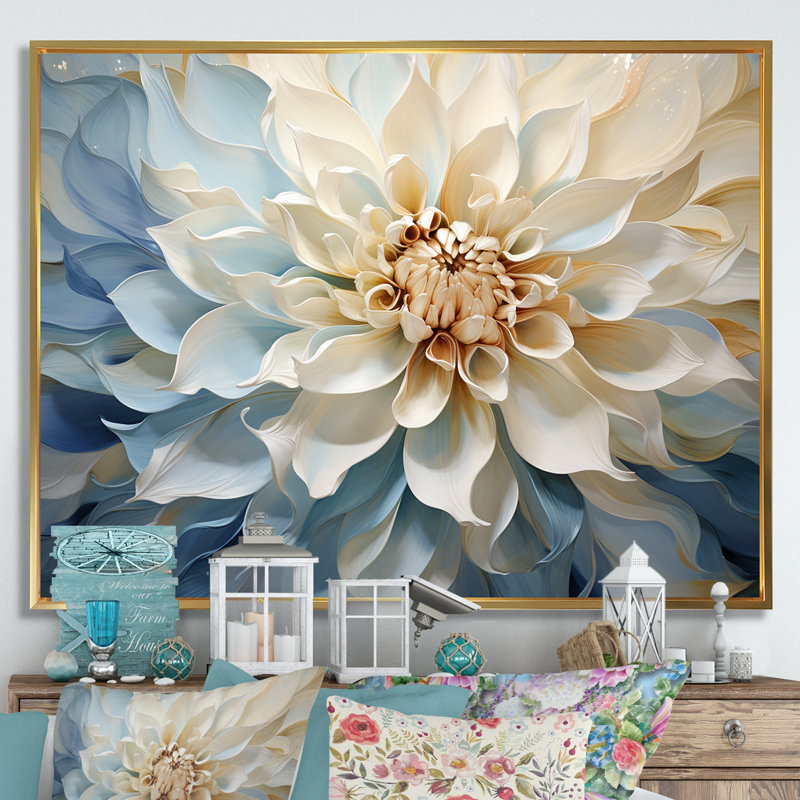 Blanc et bleu fleur de dahlia minimalisme - art mural dahlia, H 30 po x l 40 po x P 1,5 po, Cadre flottant doré