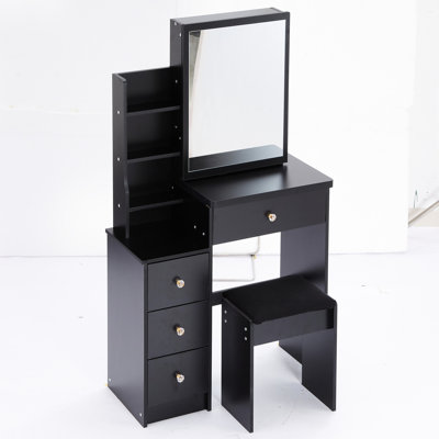Compact Area Dressing Table With Cushioned Stool, Massive Sliding Mirror, Multi-layer Storage, Black Cabinet For Small Bedroom Spaces Vanity Chair & Extra Large Storage Areas, American Design, , , Ul