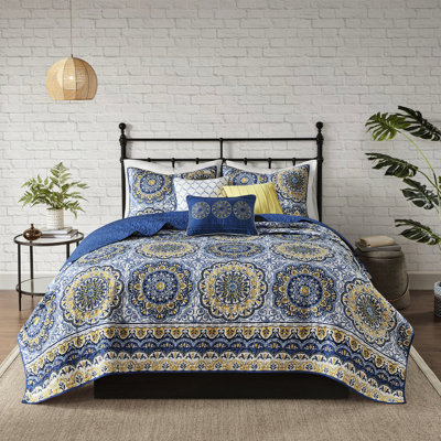 Courtepointe 6 pièces pour chambre à coucher - très grand / très grand bleu, broderie florale, matériau en microfibre réversible avec de grands médaillons, 100%
