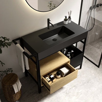 Meuble-lavabo de 36 po de style industriel avec tiroir à fermeture en douceur, bac de rangement ouvert, barre à serviettes réglable, quincaillerie, quartz de chêne noir, profondeur de 36,11 po, largeur de 18,34 po, hauteur de 32,89 po, poids de 107,57 lb