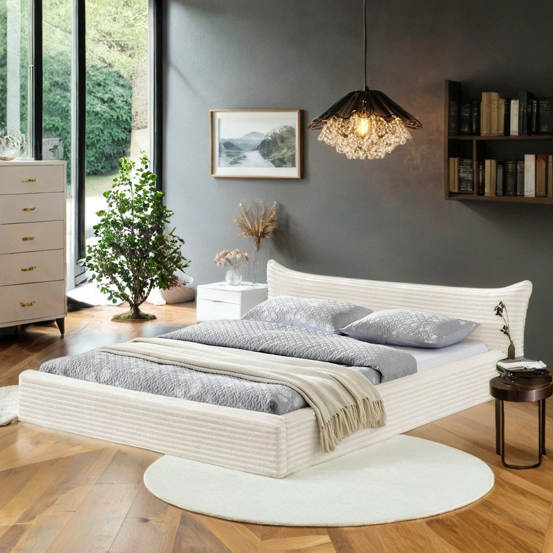 Grand lit tapissier en velours avec tête de lit courbée et lit plateforme, Beige