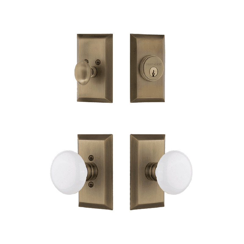 Nostalgic Warehouse Studio Entry Set with White Porcelain Knob, 2.375, Antique Brass