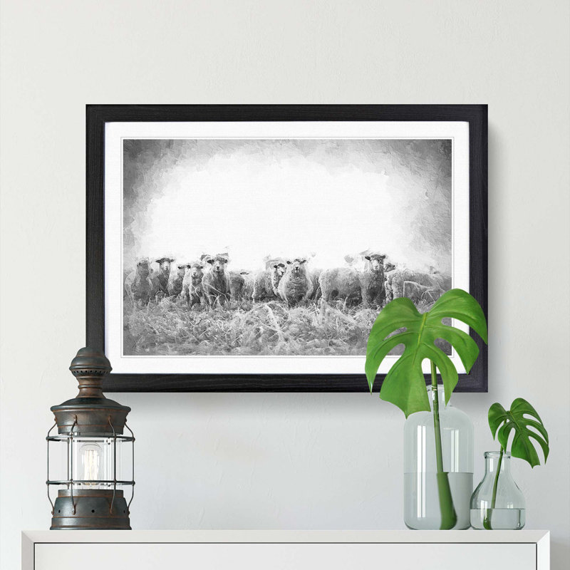 A Flock Of Sheep - Framed Print, 24cm H x 33cm W x 2cm D, Black Framed