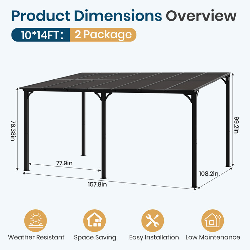 10' X 14' Wall-Mounted Gazebo With Polycarbonate Roof Panels And Aluminum Frame, Lean-To Patio Cover For Backyard Or Porch