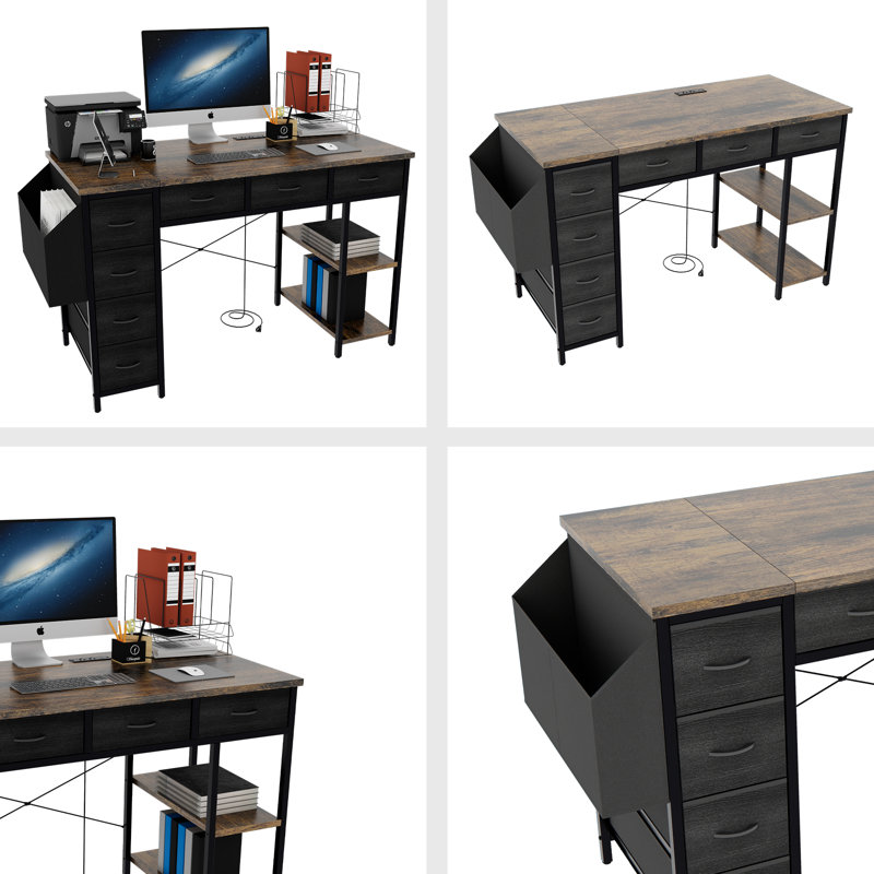 47" Computer Desk With Power Outlet,Writing Desk With 7 Fabric Drawers,Vanity Table Drawers And Large Side Pocket