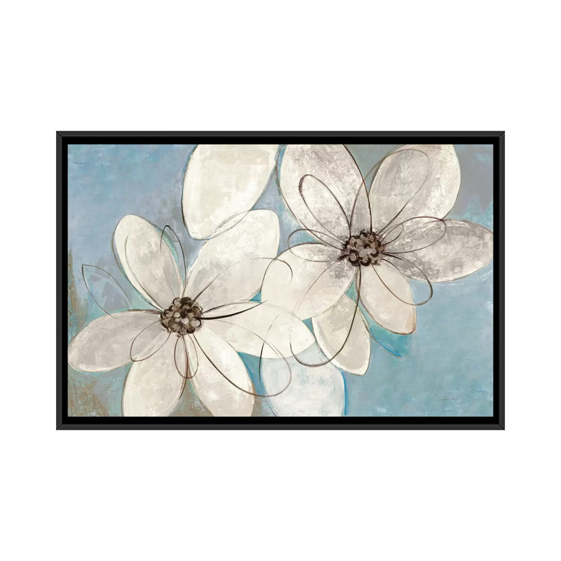 «Blue and Neutral Floral» par Silvia Vassileva, impression sur toile tendue, H 40 po x l 60 po x P 1,5 po, Pas de tapis