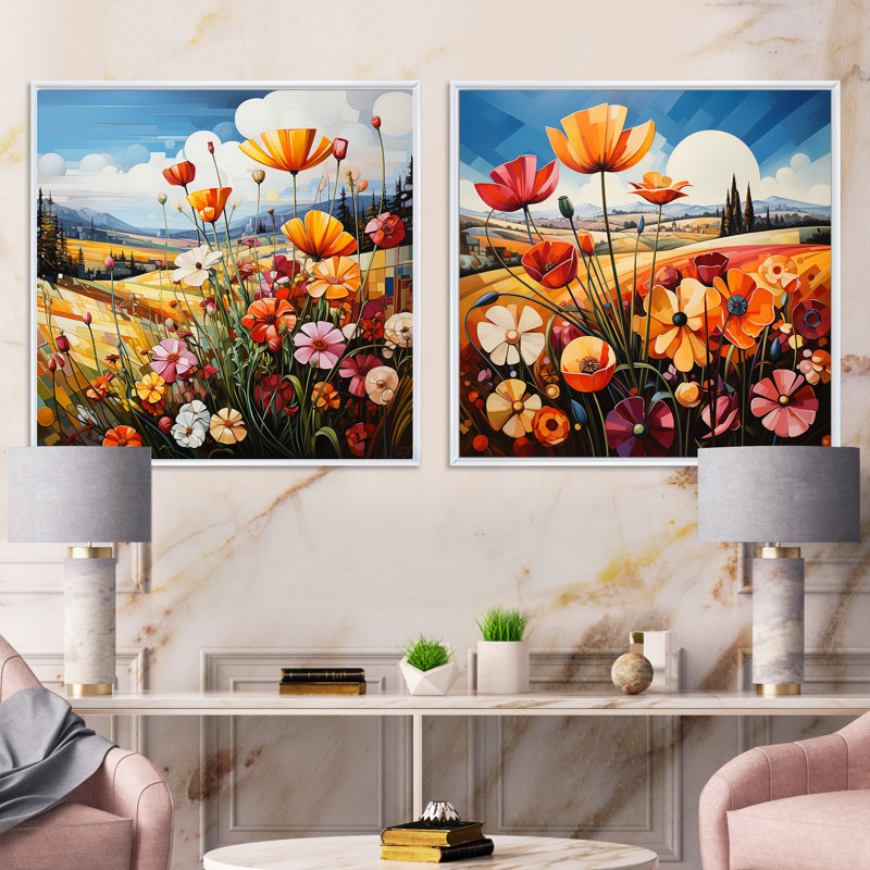 Abstrait harmonie Blooms Field - Meadow Square, ensemble de 2 collages, H 16 po x l 33 po, Cadre flottant blanc