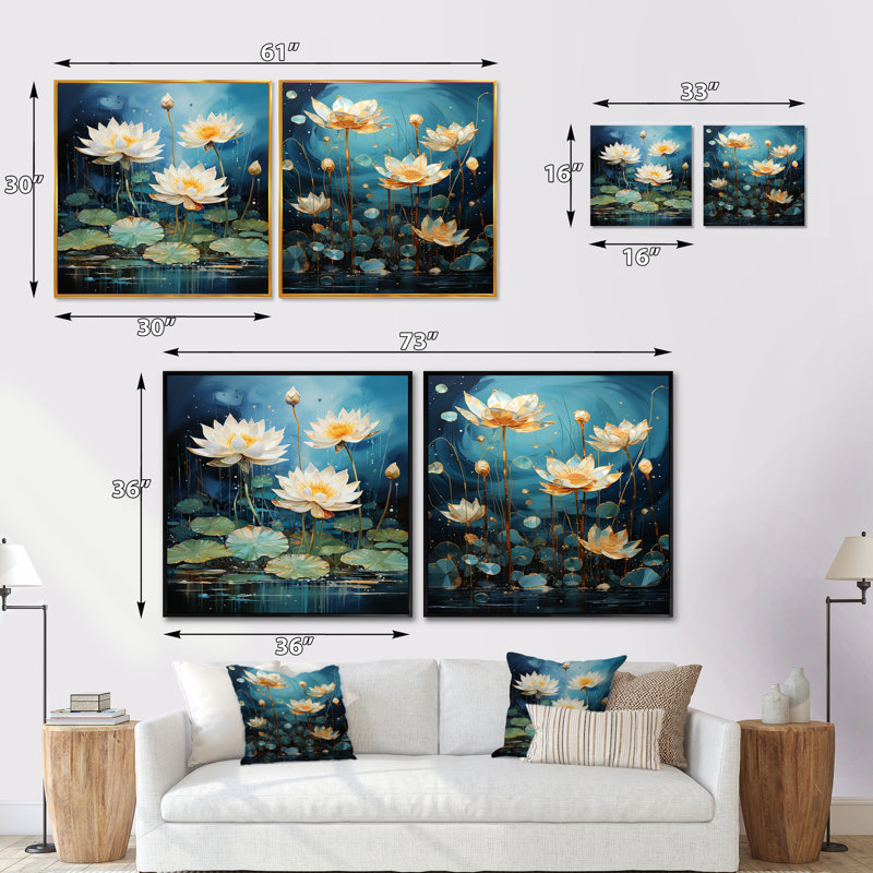 Fantaisie aquatique surréel sur lotus, H 16 po x l 33 po, Cadre flottant blanc