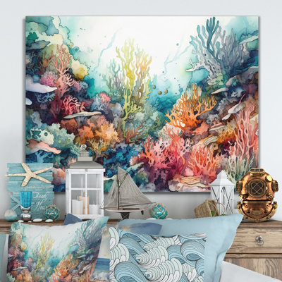 «Vibrant Coral Reef III - Modern Beach», art mural en métal