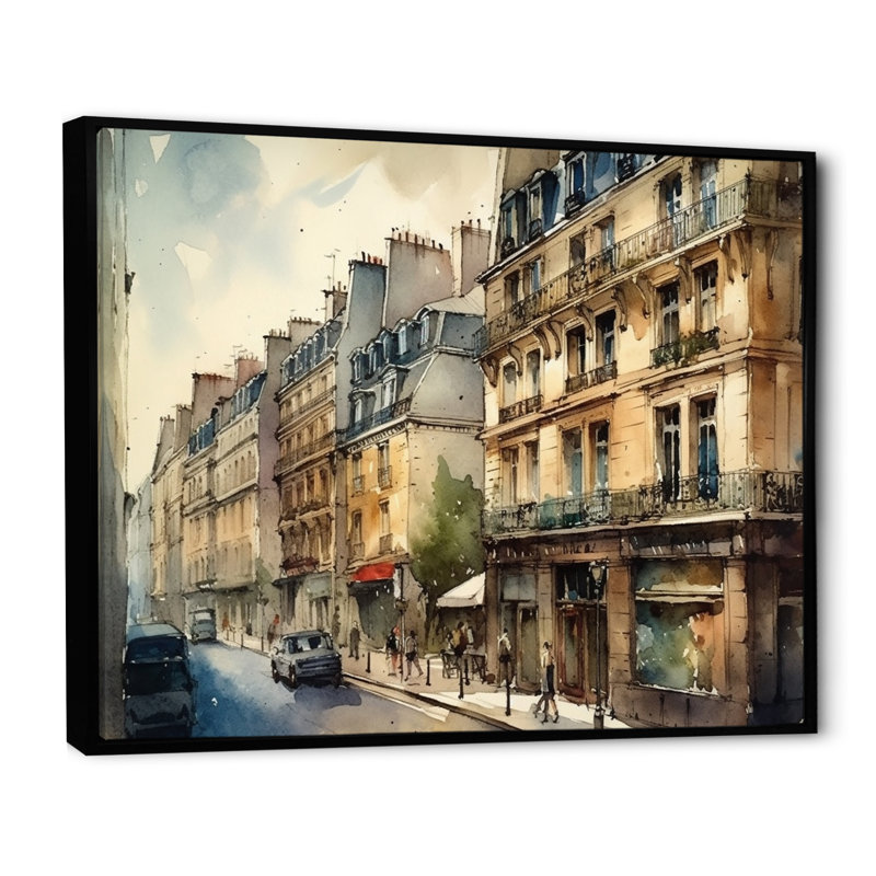 Aquarelle de Paris, France II sur toile, H 24 po x l 32 po x P 1 po, Cadre flottant noir