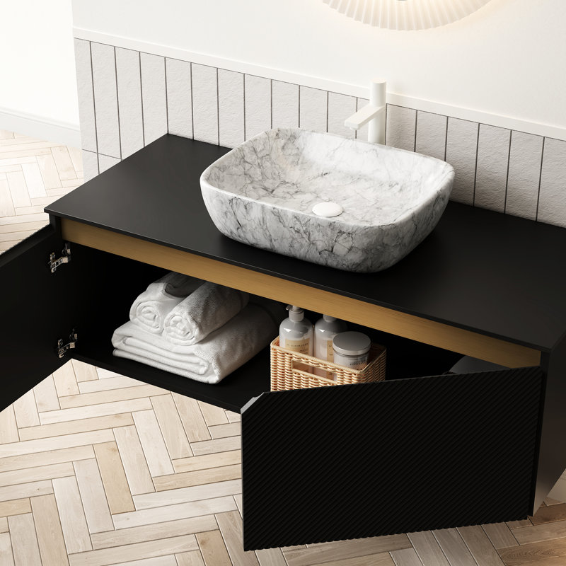 Meuble-lavabo flottant de 48 po, comptoir en pierre frittée noire, lavabo en céramique à motif de marbre blanc, armoire en bois massif avec conception en sergé de 49,37 po et évier, unité de rangement en contreplaqué, vasque,