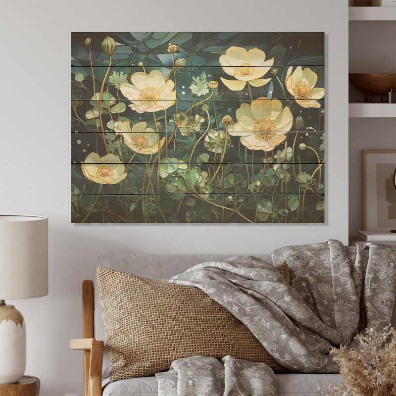 «Buttercups» méticuleusement détaillé, art mural sur bois de pin naturel, H 30 po x l 40 po