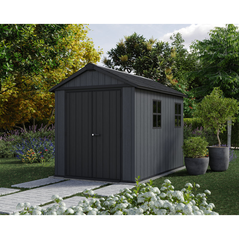 Keter Newton Plus Durable Resin Outdoor Storage Shed With Floor and Double Doors for Garden Patio Furniture and Tools, Graphite Grey (6 Available Sizes)