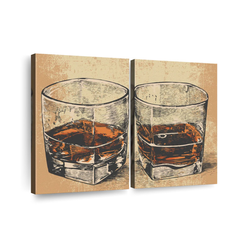 Ensemble de 2 verres à whisky rétro sur toile, H 24 po x l 33 po x P 1,25 po