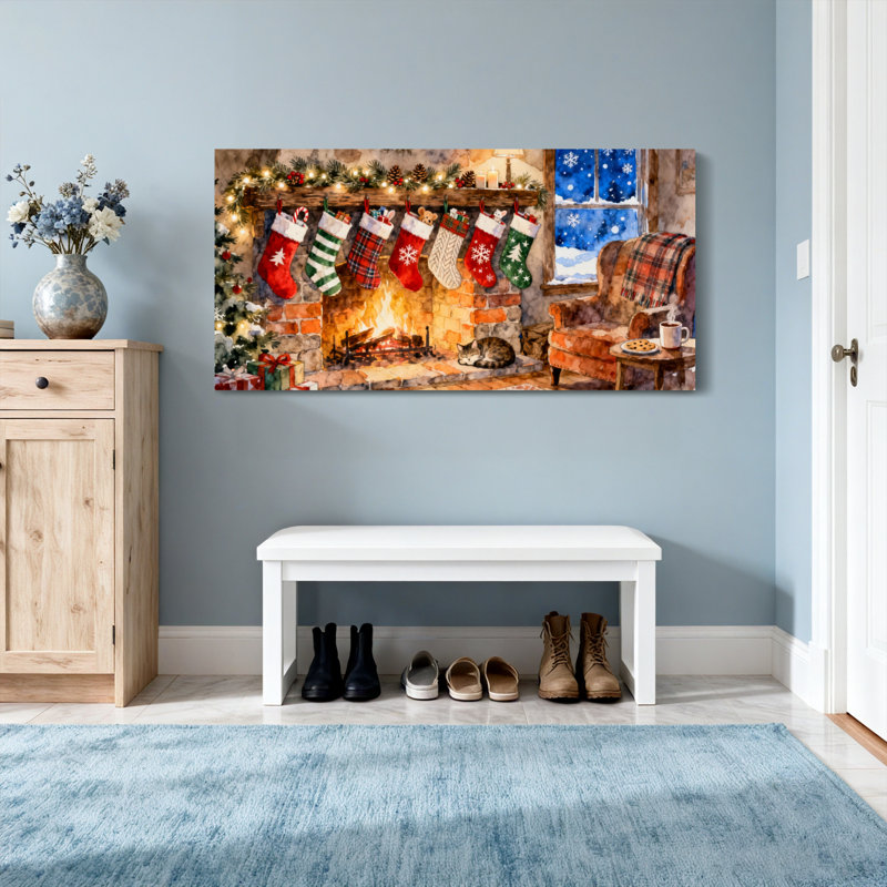 Foyer de Noël de Noël avec des bas et un chat, H 28 po x l 58 po