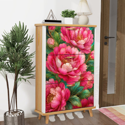 Shoe Storage Cabinet with 3 Flip Drawers for Pink Floral Gold Line Art Green Leaves Elegant Botanical Flowers Shoe Rack Storage Organizer