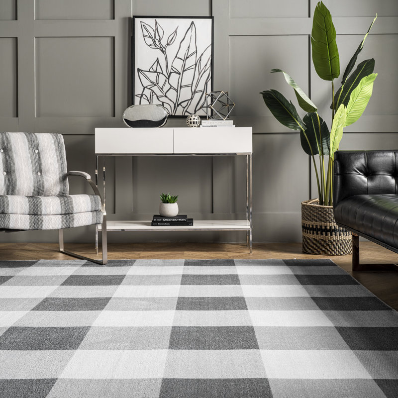 Micheals Farmhouse Plaid Machine Washable Area Rug in Gray, Square 8'